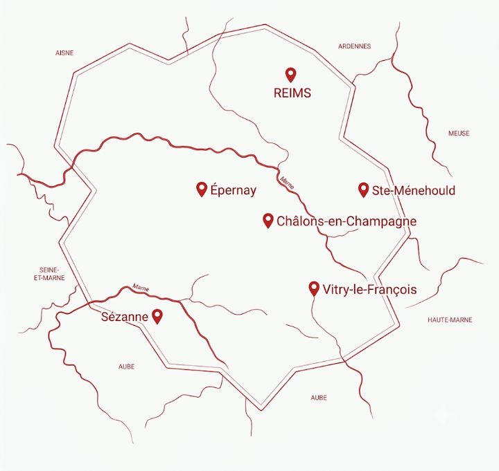 Carte du département de la Marne avec ses principales villes