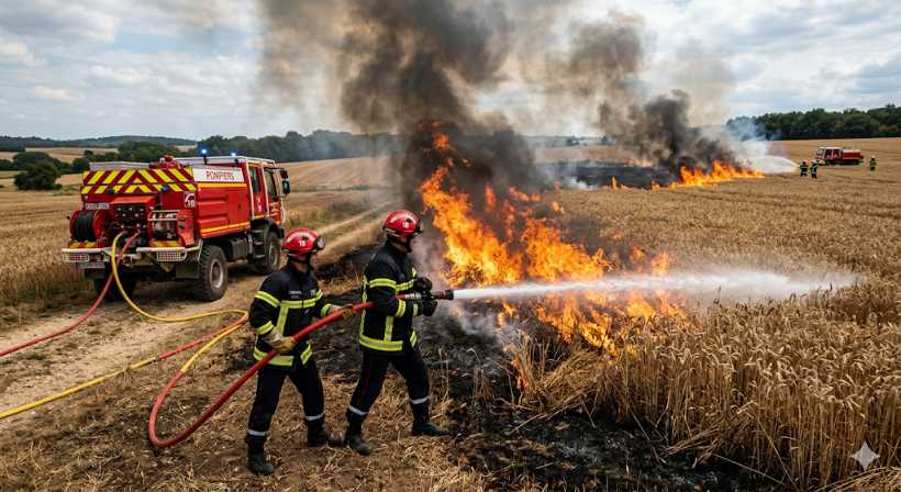 Sapeurs-pompiers luttant contre un feu de récolte